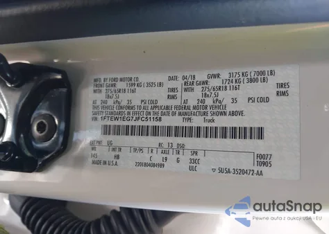 2018 Ford F-150 Lariat z USA, uszkodzony, nr VIN 1FTEW1EG7JFC51158